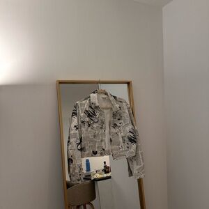 Reformation medium Cora denim crop jacket in climate newspaper print